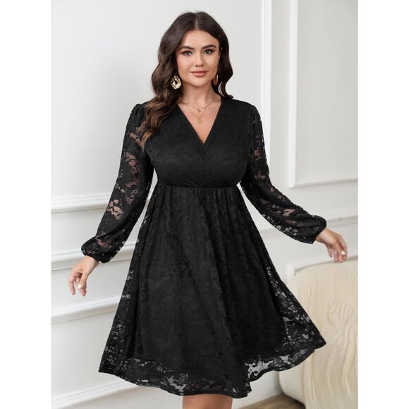 Plus Size Lace Midi Dress V-Neck Wrap Long Sleeve Flowy A-Line for Wedding Guest - Picture 3 of 6